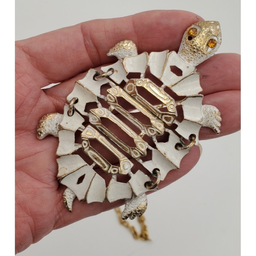 Vintage Turtle Necklace Articulated Pendant Frosted Gold Tone Rhinestone 20"